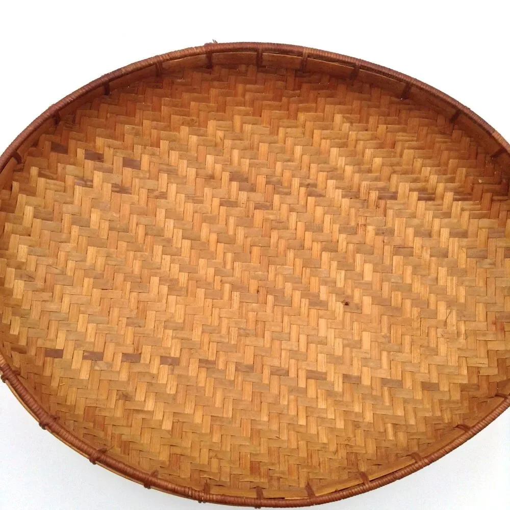 Vtg Bamboo Woven Basket Oval Handmade Storage Gathering Bowl Boho Home Decor 15